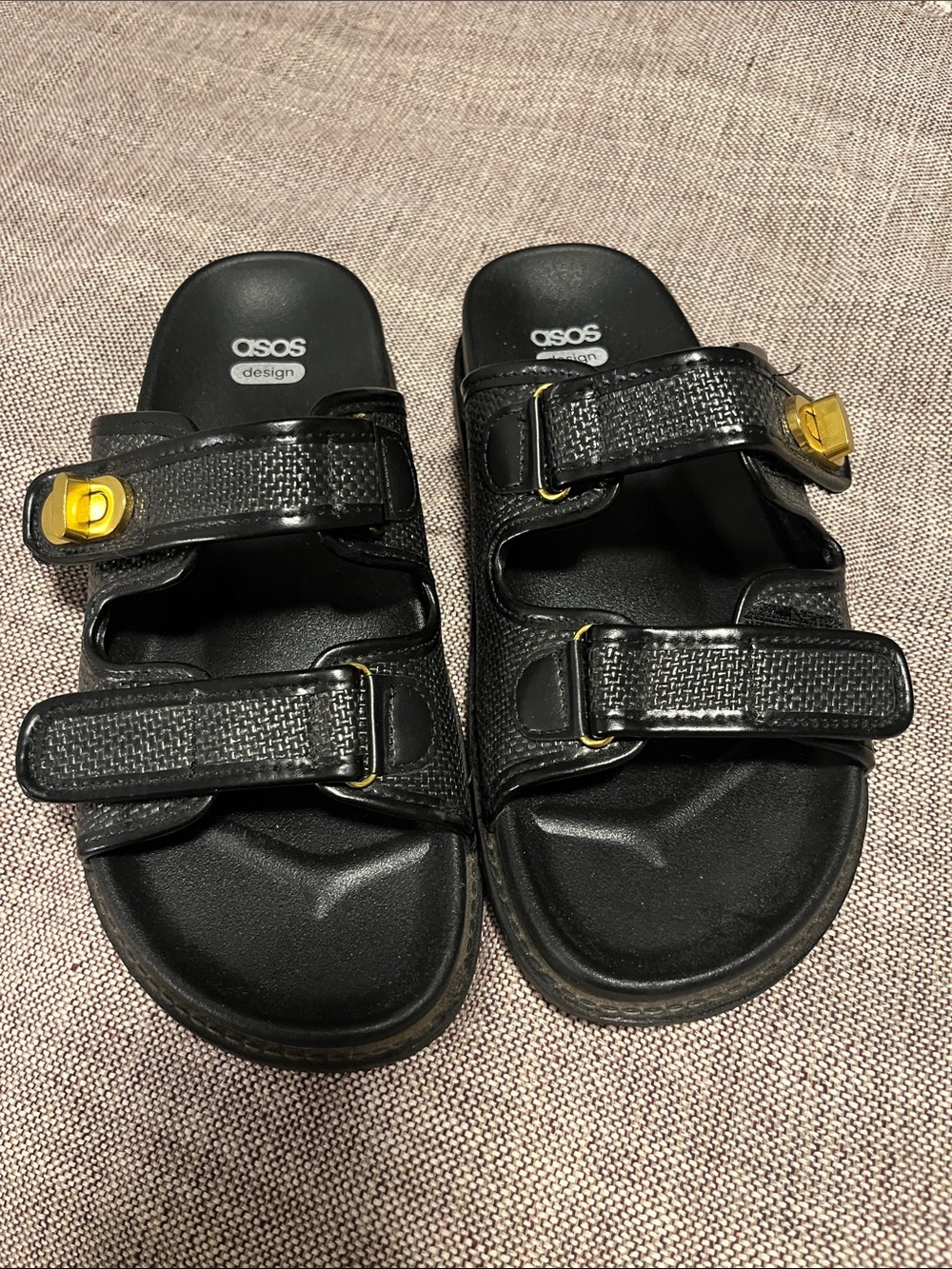 ASOS Women’s Black Double-Strap Slide Sandals with Gold Buckles